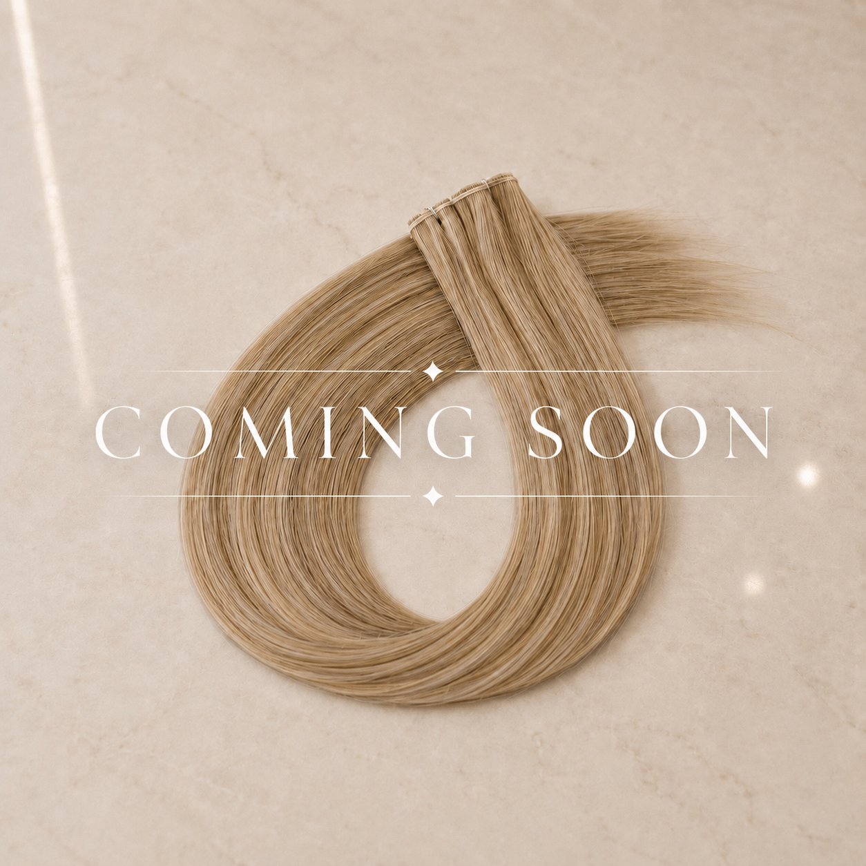 Blonde hair extensions on a beige background with 'Coming Soon' text.